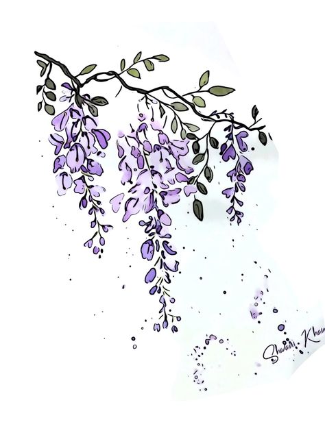 Wisteria Drawing Reference, Wisteria Tattoos For Women, Lots Of Flowers Drawing, Lilac Sprigs Tattoo, Purple Wisteria Tattoo, Lilac Tree Drawing, Wisteria Tattoo Black And White, Wisteria Doodle, Wisteria Drawing Simple