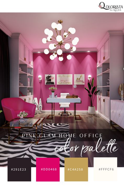 Color Palette Ideas - Pink Glam Home Office Diva Home Office Ideas, Glam And Office Room, Colored Office Design, Glamour Office Decor, Diva Office Ideas, Pink Office Cabinets, Office With Pink Walls, Pink Couch Office Ideas, Pink At Home Office