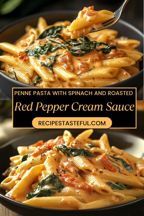 This delicious and creamy pasta dish showcases penne pasta, fresh spinach, and roasted red peppers, all enveloped in a rich cream sauce. It’s perfect for a quick weeknight dinner or a special occasion! Roasted Red Pepper Cream Sauce, Roasted Red Pepper Pasta Sauce, Red Pepper Cream Sauce, Spinach Pasta Sauce, Roasted Red Peppers Recipes, Pepper Cream Sauce, Red Sauce Pasta Recipe, Red Pepper Pasta Sauce, Fresh Pasta Sauce