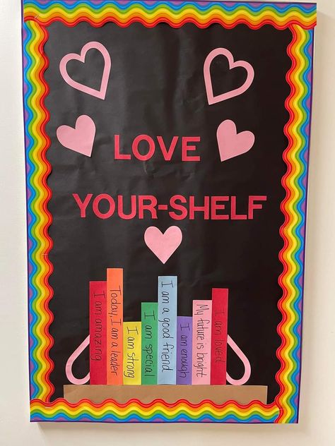 Love Your Library Month Ideas, February Library Bulletin Board Ideas, Valentines Library Bulletin Board Ideas, Library Valentines Day Bulletin Boards, Valentines Library Display, Library Valentines Display, Elementary Library Bulletin Board Ideas, Valentines Library, Parent Council