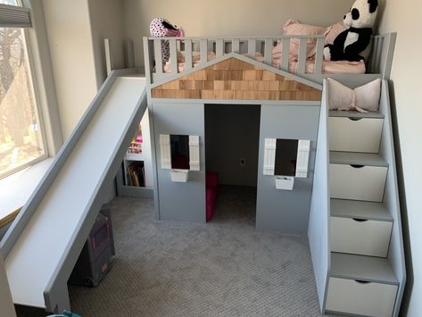 I Built a Bed That Is Also a Playhouse and a Slide and a Dresser and a Bookshelf Bunk Bed Slide Ideas, Diy Slide For Bed, Diy Bed Slide, Diy Loft Bed With Slide, Playroom With Slide, Bed With Slides, Playroom Slide, Kids Bed With Slide, Den Playroom