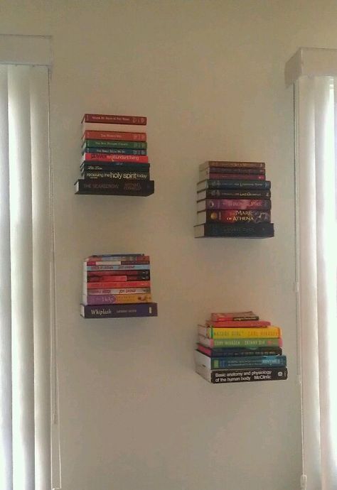 Bookshelves In Bedroom Floating, Floating Invisible Bookshelves, Vertical Floating Bookshelves, Invisible Floating Shelves, Invisable Book Shelves, Invisible Bookshelf Wall, Floating Book Shelves Aesthetic, Hang Bookshelf On Wall, Invisible Book Shelves