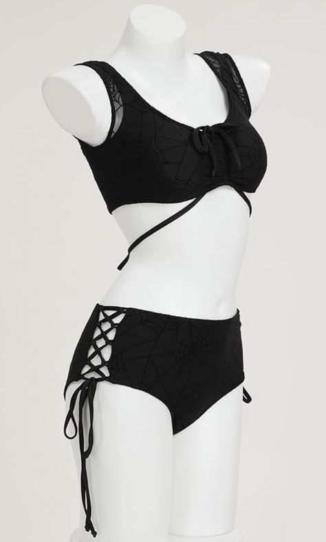 Gothic Spiderweb Black Bikini Swimsuit Tomboy Swimsuit Bikinis, Goth Swimsuit Bikinis, Goth Bathing Suit, Gothic Swimwear, Gothic Swimsuit, Black Bathing Suits, Swimsuit Black, Two Piece Swimsuit, Suit Black