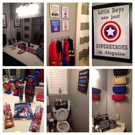 Avengers Bathroom Ideas, Disney Marvel Bathroom, Marvel Bathroom, Superhero Bathroom Decor, Superhero Bathroom Target, Spider-man Bathroom Decor, Superman Kids Room, Kids Bathroom Girls, Superhero Bathroom