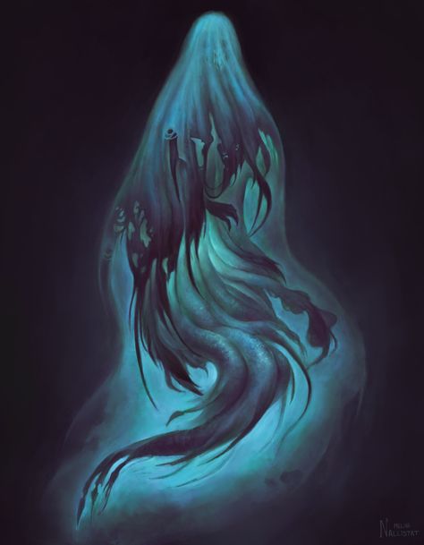 ArtStation - Underwater Wraith, Melina Nallistat Dnd Wraith Art, Wraith Character Design, Dungeons And Dragons Concept Art, Dnd Wraith, Undead Oc, Wraith Art, Underwater Character, Underwater Monster, Spirit Creature