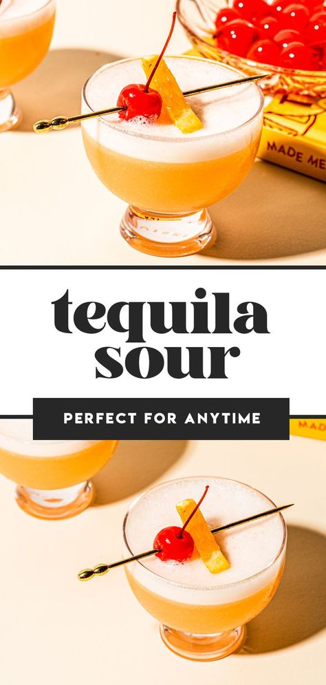 Tequila Sour Cocktails, White Tequila Cocktails, Drinks With Egg Whites, Tequila Sour Recipe, Dear Alcohol, Tequila Sour, Sour Drink, Thanksgiving Cocktail, Pitcher Cocktails