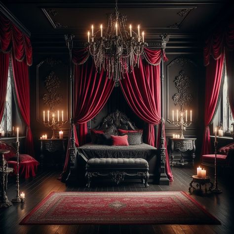 Gothic Bedroom Velvet Drapes Dracula Bedroom, Gothic Decor Diy, Haunted Bedroom, Vampire Bedroom, Vampire Room, Spider Web Decor, Gothic Bedroom Ideas, Autumn Bedroom Decor, Autumn Bedroom