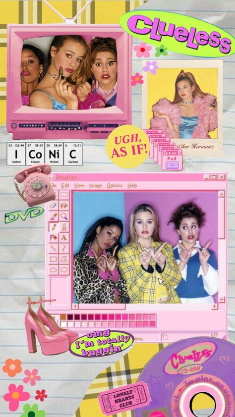 #clueless #cherhorowitz #90s #cluelessmovie Clueless Graphic Design, 90s Clueless Aesthetic, Clueless Party Theme, Clueless Collage, Clique Aesthetic, Clueless Theme, Clueless Poster, Clueless Style, Homecoming Campaign