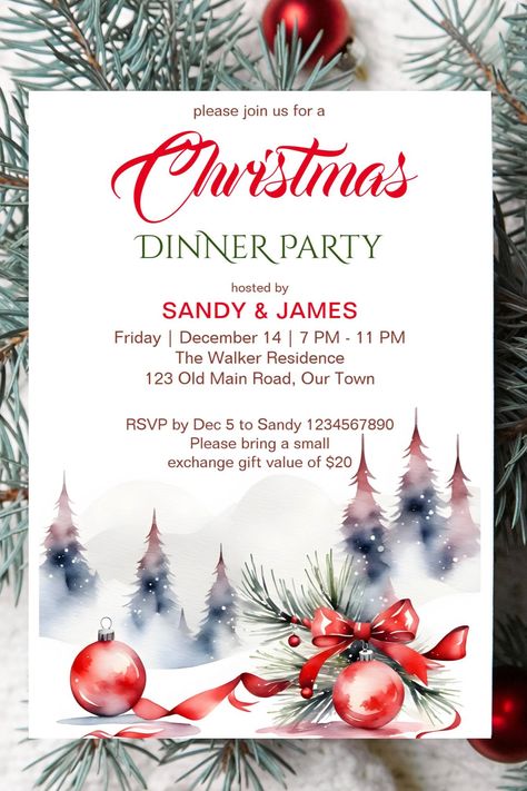 Classical Christmas dinner party template invitation instant download red baubles ribbon snowy pines Christmas Dinner Invitations, Red Baubles, Classical Christmas, Christmas Diner, Church Christmas Party, Ribbon Invitation, Trees Watercolor, Template Invitation, Christmas Dinner Party