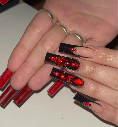 Red Quince Theme Nails, Black Nails With Red Diamonds, Extra Long Red Nails, Black And Red Nails With Gems, Black And Red Rhinestone Nails, Black And Red Nails With Rhinestones, Red And Black Acrylic Nails Coffin, Red Nail Set Prom, Black Red Bottom Acrylic Nails