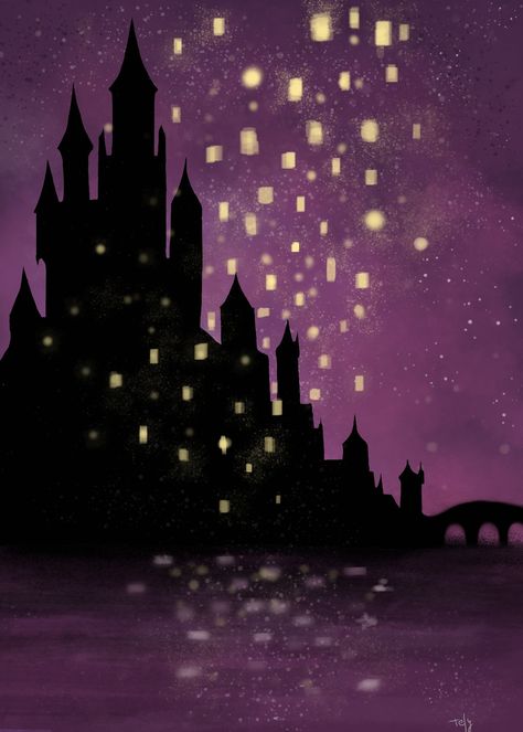 Tangled Tower Silhouette, Tangled Castle Silhouette, Repunzle Painting Ideas, Tangled Castle Painting, Tangled Castle Drawing, Tangled Watercolor Painting, Rapunzel Lanterns Painting, Rapunzel Painting Ideas, Rapunzel Wall Painting