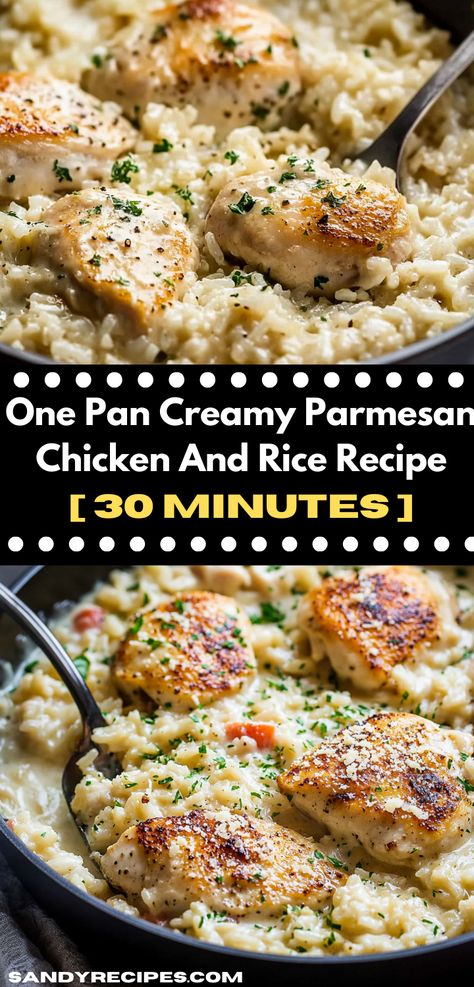 Need new dinner ideas? Try this One-Pan Creamy Parmesan Chicken and Rice Recipe! It’s a simple chicken rice recipe featuring parmesan crusted chicken, making it one of the best dinner recipes for family or dinner for two. Chicken With Parmesan Rice, Chicken Rice One Pan Meal, Chicken And Parmesan Rice, Chicken Parmesan Rice Recipe, One Pan Creamy Parmesan Chicken And Rice, Chicken And Rice For Two, Chicken Parmesan Rice, Chicken Breast And Rice Recipes, Parmesan Chicken Rice