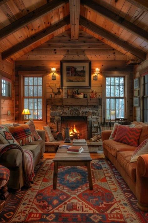 Adirondack Cabin Interior, Colorful Cabin Interior, Cabin Style Homes Interior, Cabin Decorating Ideas Rustic, Warm House Interior, Small Rustic Living Room, Cabin Loft Ideas, Wood Cabin Interior, French Cabin