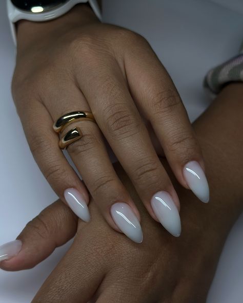 Milky white 🍼🥛🥥🤍 check out the reel I posted on this look 😌 #dovenailsbysharon Milky Almond Nails, White Short Almond Nails, Milky White Almond Nails, Almond Nails Short, Milky White Nails, White Almond Nails, Short Almond Nails, Oval Nails, Milky White