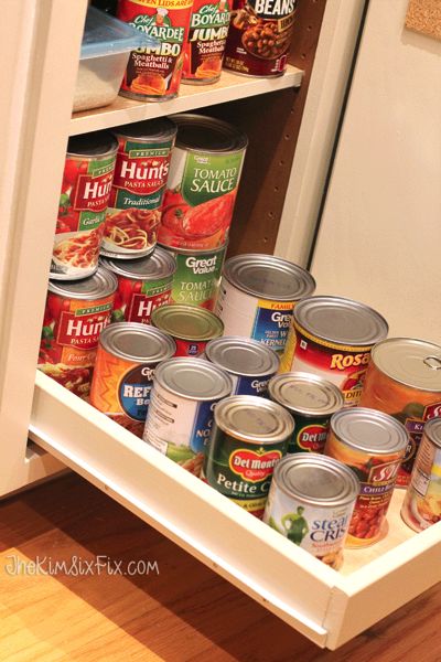 Organize Your Pantry with DIY Slide-Out Cabinet Shelves via www.TheKimSixFix.com Canned Food Storage Ideas, Diy Pull Out Shelves, Deep Pantry Organization, Handyman Hacks, Food Storage Ideas, Diy Food Storage, Crafting Hacks, Deep Cabinet, Diy Slide