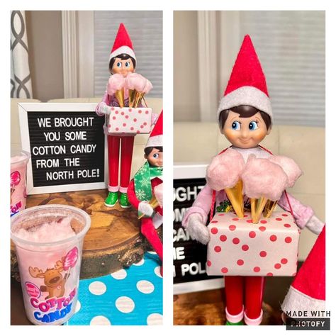 Elf On Shelf Cotton Candy, Elf On The Shelf Candy Canes Ideas, Elf On The Shelf Candy Land Ideas, Cotton Candy Elf On The Shelf, Elf Cotton Candy, Elf On The Shelf Cotton Candy, Elf Popcorn Ideas, Christmas In July Elf On The Shelf, Christmas Eve Eve Elf Ideas