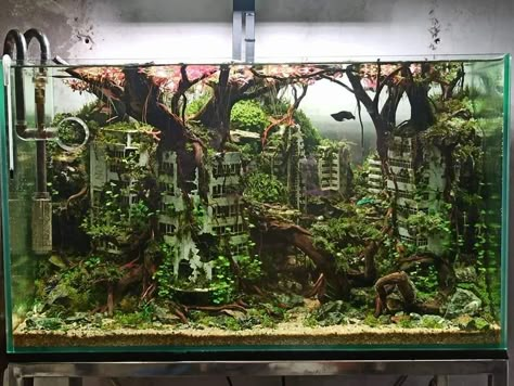 Cool Fishtank Ideas, Takashi Amano Aquascaping, Jurassic Park Fish Tank, Huge Fish Tank, Aquarium Hardscape Ideas, Goth Aquarium, Inverted Aquarium, Fish Tank Themes Creative, Crab Paludarium