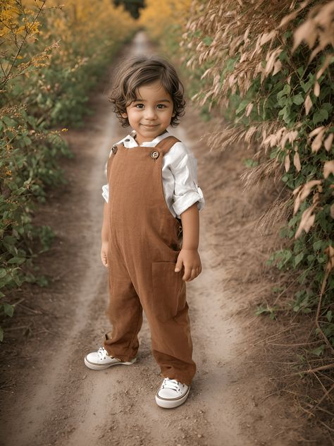 little boy wearing a white sports linen shirt and brown linen overalls. poses smiling on a path in the countryside Jumpsuit Summer Outfit, Summer Outfit Vintage, Vintage Baby Boy Clothes, Toddler Jumpsuit, Vintage Baby Boys, Toddler Photos, Boho Beach Wedding, Baby Boy Clothing Sets, Outfit Vintage