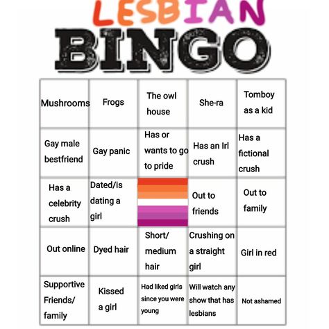 Lesbian Stereotype Bingo, Lesbian Stereotypes, Lgbtq Bingo, Lesbian Meme, Sunset Flag, Lgbtq Stuff, Lgbtq Quotes, Bingo Template, Lgbtq Funny