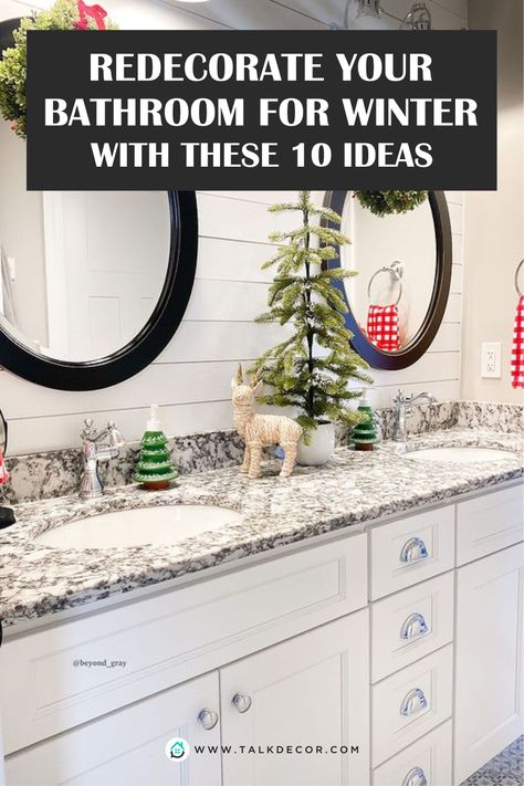 What kind of things that could be properly to be added to the bathroom during winter? Well, it can be any kind of evergreen product like wreaths, garlands, basket arrangements, or even a Christmas tree. Then, you may change some of your bathroom accessories in winter like the curtain, mat, rug, and more. We will show you some of the interesting ideas for presenting winter touches to your bathroom from the following images. #winterbathroomdecor Winter Wonderland Bathroom, Bathroom Decor For Christmas, Winter Bathroom Decor Ideas, Bathroom Mirror Christmas Decor, Winter Restroom Decor, Bathroom Decorated For Christmas, Kids Bathroom Christmas Decor, Christmas Bathrooms, Snowflake Bathroom Decor