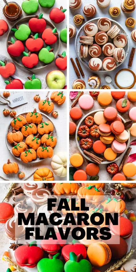 Fall Macaron Flavors #fall #macarons #frenchmacarons #autumn #pumpkin #apple #cinnamon Macaron Fillings Flavors, Macaroons Flavors Macaron Filling, Pumpkin Macaroons Recipe, Fall Color Macarons, Fall Wedding Macarons, Autumn Macaron Flavors, Apple Macarons Recipe, Halloween Macarons Recipes, Fall Flavor Combinations