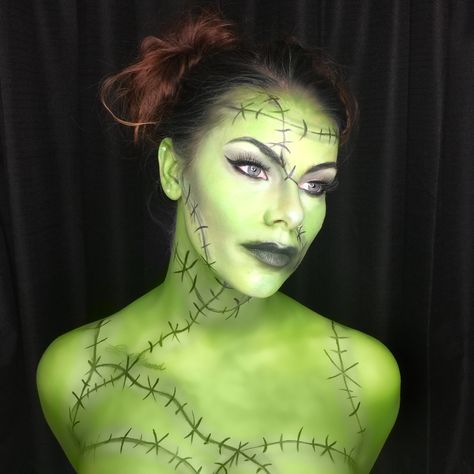 Frankenstein Makeup Female, Female Frankenstein, Frankenstein Halloween Makeup, Bride Of Frankenstein Makeup, Frankenstein Makeup, Shrek Costume, Frankenstein Costume, Green Lips, Frankenstein Halloween