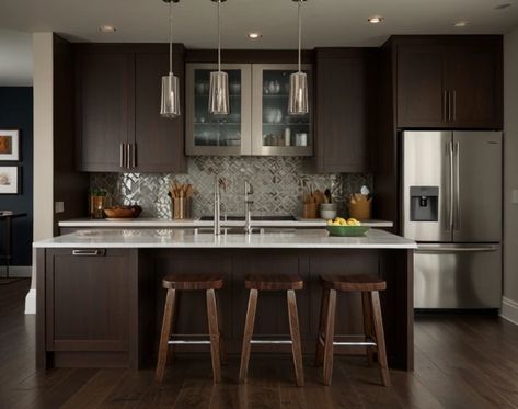 15 Stylish Ideas for Kitchens with Dark Brown Cabinets - Nekig Kitchen With Dark Brown Floors, Dark Cabinets In Kitchen, Dark Brown Kitchen Ideas, Kitchen Ideas With Dark Cabinets, Dark Wood Cabinets Kitchen, Kitchen With Dark Brown Cabinets, Kitchen Cabinets Open, Dark Brown Kitchen Cabinets, Brown Kitchen Ideas