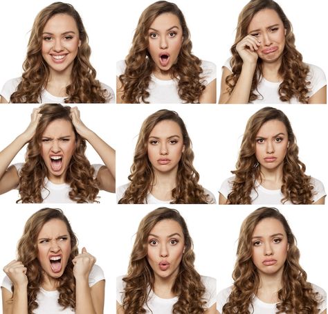 collage with different emotions in one young woman Poses Headshot, Expressions Photography, Headshot Poses, Positive Images, Different Feelings, Different Emotions, Face Expressions, Body Reference, Human Emotions