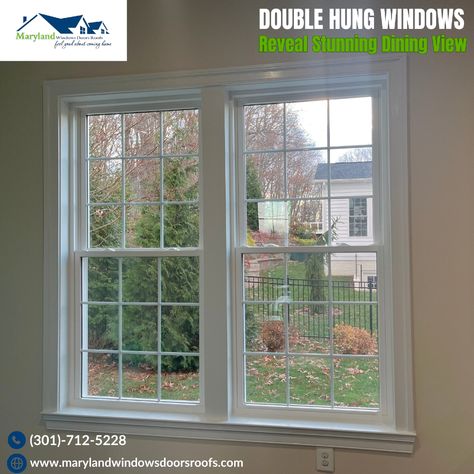 Transform your home with beautiful double hung windows from Maryland Windows Doors Roofs! These beautiful windows were installed into a blank wall, opening the dining room to a great view.  #Windows #Doors #Remodeling #RepairYourDoor #ReplaceYourDoor #DoorReplacement Double Paned Windows, Paned Windows, Double Window, Double Hung Windows, Wall Opening, Beautiful Windows, Replace Door, The Dining Room, Luxury Homes Dream Houses