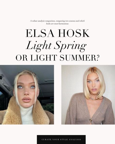 A Light Spring VS Light Summer comparison of Elsa Hosk 🤍 . #coloranalysis #colouranalysis #coloranalyst #lightsummer #lightspring #elsahosk Light Spring Vs Light Summer, Light Summer Celebrities, Light Spring Celebrities, Elsa Hosk Aesthetic, Light Summer Hair, Light Summer Makeup, Light Summer Color Palette, Summer Palette, Colour Analysis