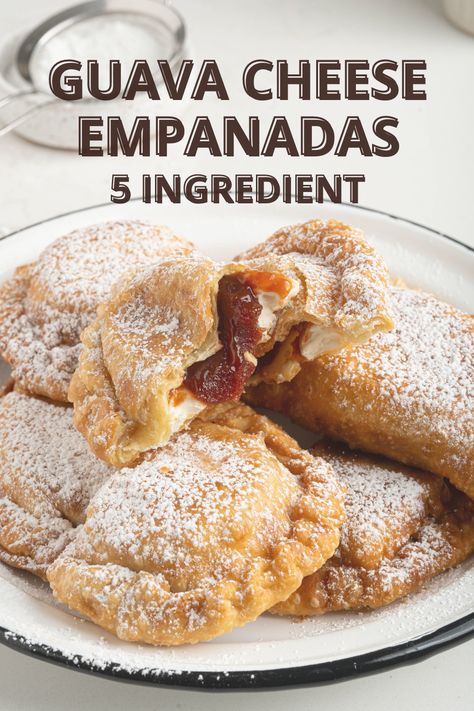 This homemade guava cheese empanada recipe has that classic sweet & tangy flavor balance and requires just five ingredients. Made with flakey fried empanada dough, a cream cheese and guava paste filling and topped with powdered sugar, it's a totally addicting sweet treat that's perfect to enjoy as a dessert or snack. Sweet Empanadas Recipe, Empanadas Recipes, Cheese Empanadas Recipe, Guava Cheese, Empanadas Recipe Dough, Easy Empanadas Recipe, Guava Pastry, Guava And Cream Cheese, Guava Recipes