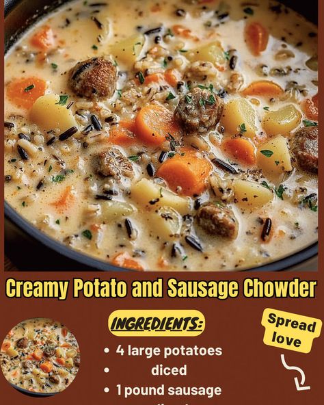 Creamy Potato and Sausage Chowder Sausage Stuffed Potatoes, Potato And Sausage Chowder, Smoked Sausage Potato Soup, Sausage And Sweet Potato Soup, Cheesy Sausage Potato Soup, Italian Sausage And Potatoes, Sausage Chowder, Sausage And Potato Soup, Potato And Sausage