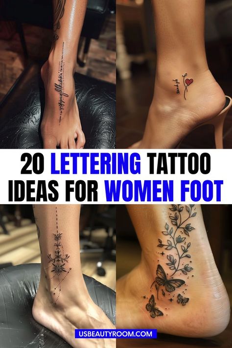 Woman’s foot with a delicate lettering tattoo along the arch, featuring elegant cursive text. Lettering Tattoo Ideas, Back Of Ankle Tattoo, Wrap Around Ankle Tattoos, Foot Tattoo Quotes, Ankle Foot Tattoo, Elegant Words, Ankle Tattoos For Women, Foot Tattoos For Women, Female Tattoos