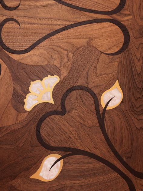 Wooden floors with brass and mother of pearl resin inlays Mother Of Pearl Inlay Wood, Floor Inlay, Pearl Resin, Mother Of Pearl Inlay, Wooden Panel, Pearl Inlay, Wooden Floors, Wood Inlay, Wooden Floor