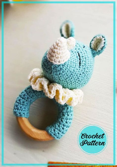 Rattle Rhino Amigurumi Free Crochet Pattern - Amigurumiday Crochet Ring Rattle Free Pattern, Teething Ring Crochet, Crochet Rhino Pattern Free, Amigurumi Rattle Free Pattern, Crochet Teething Ring Pattern Free, Rhino Amigurumi, Crochet Rhino, Baby Ring Toy, Teething Ring Pattern