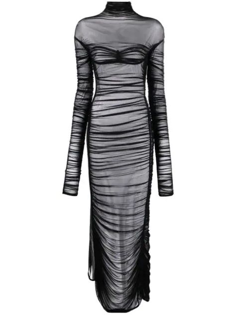 FARFETCH: MUGLER… Mugler Dress, Long Sleeve Ruffle Dress, Fishnet Dress, Black Mesh Dress, Sheer Maxi Dress, Ruched Bodice, Mesh Design, Polo Dress, Funnel Neck