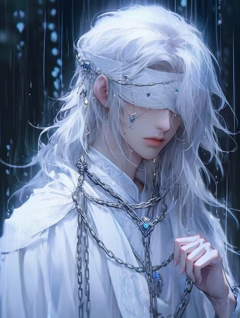 Blindfold Anime Guy, Angel Anime Boy, White Hair Art, Guys With White Hair, White Hair Anime Guy, Long White Hair, Snk Cosplay, Japon Illustration, Kesha