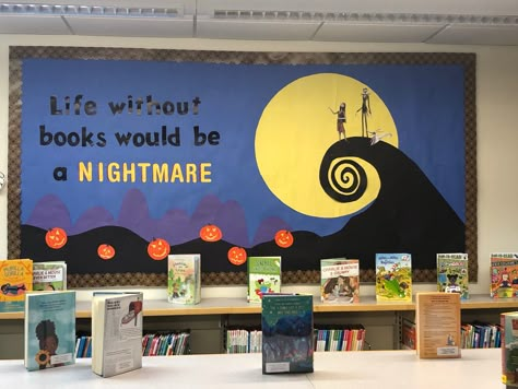 Scholastic Book Fair Fall 2022 Theme, Fall Into Reading Bulletin Board, Halloween Bulletin Boards Library, Reading Is Magical Bulletin Board, October Library Book Displays, Library Board Decoration Ideas, Fall Bulletin Board Ideas For Library, February Library Bulletin Board Ideas, Halloween Library Bulletin Board Ideas