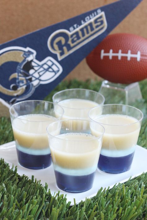 St. Louis Rams Jell-O Shots (3 oz. box berry blue Jell-O 4 envelopes Knox plain gelatin  2 1/2 cup vodka  Navy blue food coloring 1 1/2 cup Milk  1/2 cup granulated sugar Brown food coloring Yellow food coloring) Party Food Ideas For Adults, Finger Jello, Brown Food Coloring, Jell O Shots, Jello Shot Recipes, Jello Shot, Superbowl Appetizers, Shots Alcohol, Party Food Ideas