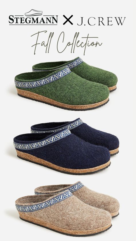 J.Crew® released its fall collection, featuring a new men’s footwear collection that speaks to sustainable sourcing and production. Three exclusive J.Crew label men’s clogs represent the first official collaboration between J. Crew and footwear brand Stegmann Clogs #fallstyle #mensshoes #slippers #clogs Stegmann Clogs Outfit, Clogs With Socks Outfit, Stegmann Clogs, Jcrew Fall, J Crew Outfits, Plantar Fascia, Arch Support Sandals, Wool Clogs, Clogs Outfit