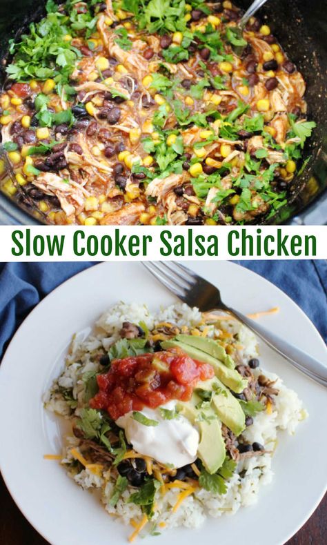 Everybody needs a couple of really simple to make really big on flavor recipes in their box of tricks. This is a simple dump and go slow cooker recipe that results in a delicious dinner. Come home, make some rice and you have burrito bowls in no time! You could also use tortillas to make fun tacos or burritos! Chicken With Black Beans, Salsa Chicken Recipe, Salsa Chicken Crockpot, Weekday Recipes, Black Beans And Corn, Slow Cooker Salsa Chicken, Slow Cooker Salsa, Beans In Crockpot, Beans And Corn