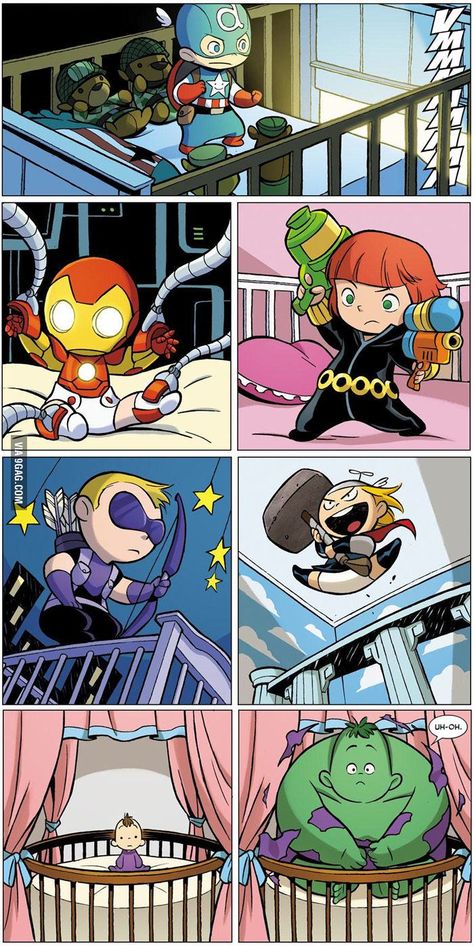 Baby Avengers - "Bruce" is going to totally love comics as a new born. I'll start looking for ballerina super heroes for "Breezy". Wallpaper Avengers, Baby Avengers, Skottie Young, Images Kawaii, Marvel Jokes, Avengers Funny, Marvel Funny, Marvel Memes, Avengers Assemble