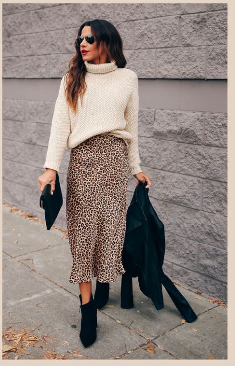 Cheetah Skirt Outfit Work, Autumn Outfits Skirt Midi, Leopard Midi Skirt Outfit Fall, Leopard Print Skirt Outfit Work, Slip Skirt Fall Outfit, Leopard Print Satin Skirt Outfit, Animal Print Skirt Outfit Winter, Satin Leopard Skirt Outfit, Autumn Evening Outfits