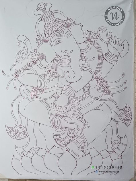 Kerala Mural Ganesha, Shilpashastra Drawing, Mural Painting Outline, Kerala Mural Painting Outline Sketches, Mural Outline, Ganesha Outline, Diy Canvas Art Easy, Mural Art Design, Mural Paintings