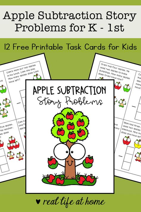 Free printable math task cards for kindergarten and 1st grade students to work on basic subtraction story problems with helpful pictures. Helpful Pictures, Basic Subtraction, Homeschool Math Curriculum, Free Educational Printables, Whole Brain Teaching, Math Tasks, Math Task Cards, Autumn Activities For Kids, Math Printables