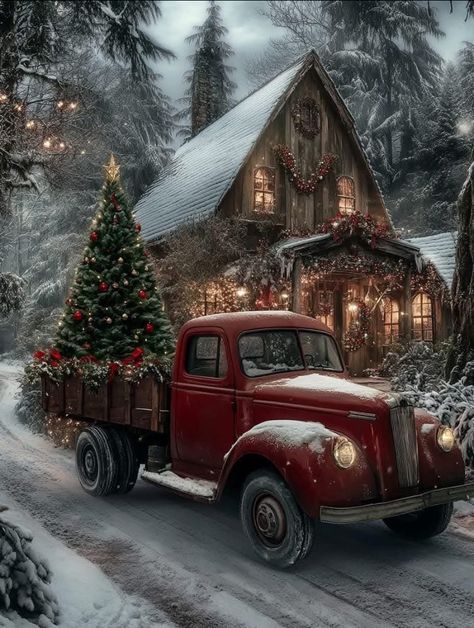 Red Truck Christmas Pictures, Truck Christmas Pictures, Earth Tone Christmas, Christmas Cabins, Christmas Illustration Art, Animated Christmas Wallpaper, German Christmas Traditions, Christmas Tree Village Display, Winter House Exterior