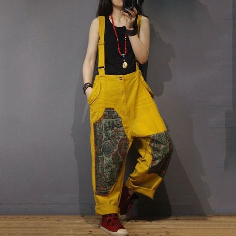 Solar Punk Fashion, Styling Overalls, Jumpsuits Casual, Overalls Plus Size, Overalls Vintage, Yellow Jumpsuit, Fashion Patchwork, Grunge Look, Vintage Patchwork