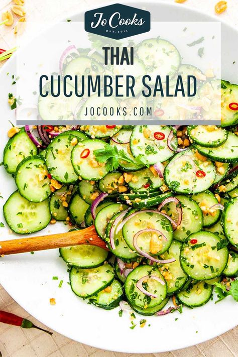 This Thai Cucumber Salad is so easy to make! Asian inspired ingredients come together to make a light, crunchy and delicious salad. #thai #cucumbersalad #recipe Thai Cucumber Salad Recipe Rice Vinegar, Thai Cucumber Salad Recipe, Asian Cucumber Salad Recipe, Thai Meals, Thai Cucumber, Thai Cucumber Salad, Great Salad Recipes, Thai Salad, Asian Cucumber Salad