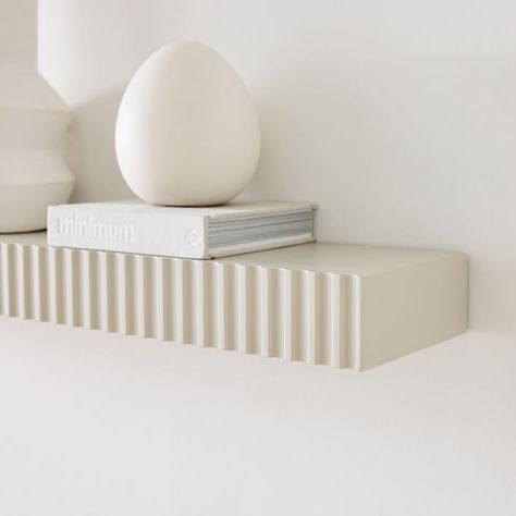 Quinn West Elm, West Elm Floating Shelves, Low Floating Shelves, Colored Floating Shelves, Living Room White Shelves, Green Floating Shelves, Bedroom Esthetics Ideas, Floating Bathroom Shelf, Cute Floating Shelves