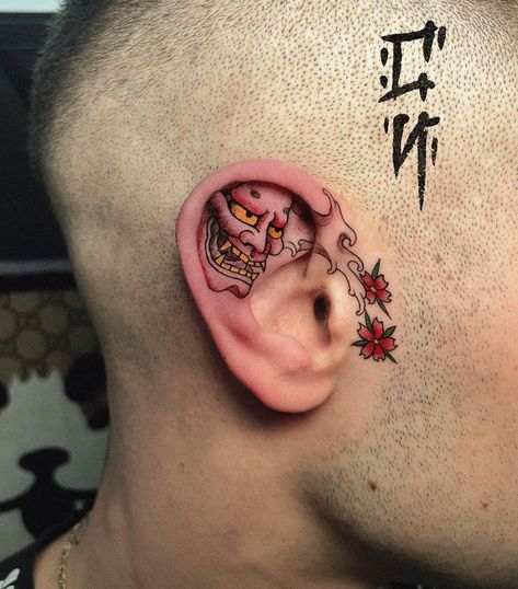 Japanese Ear Tattoo, Mens Ear Tattoo, Japanese Neck Tattoo Men, Japanese Neck Tattoo, Ear Tattoos For Men, Cool Space Tattoos, Back Ear Tattoo, Space Tattoo Ideas, Tattoo Front